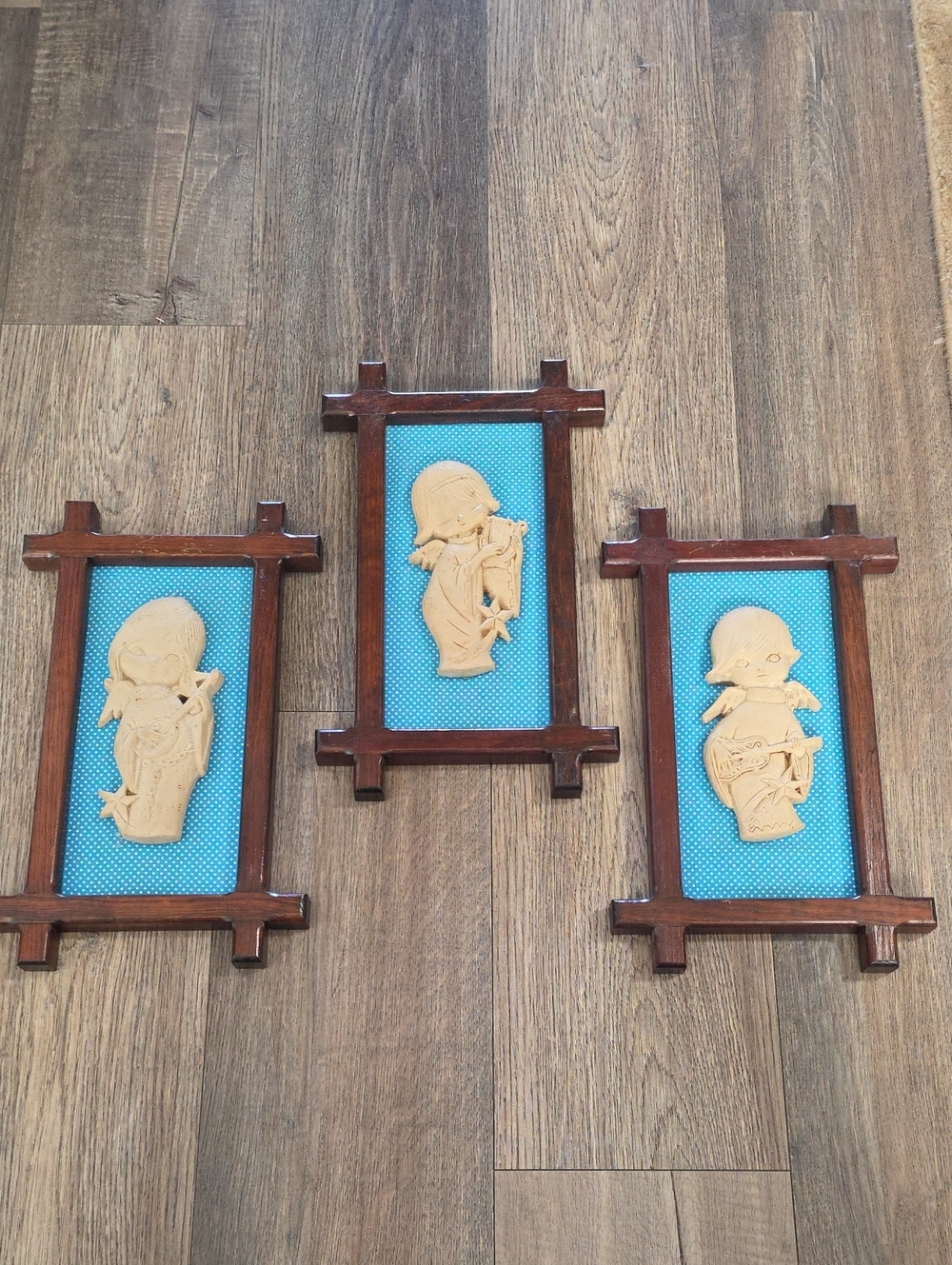 MCM Blue Backed Wall Plaque Triptych with Dark Wood Frames Vintage Angels.